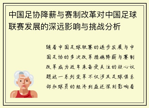 中国足协降薪与赛制改革对中国足球联赛发展的深远影响与挑战分析