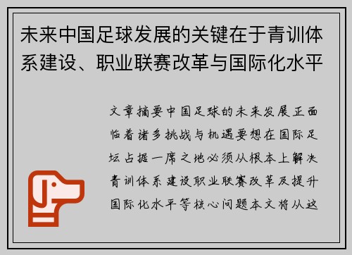 未来中国足球发展的关键在于青训体系建设、职业联赛改革与国际化水平提升